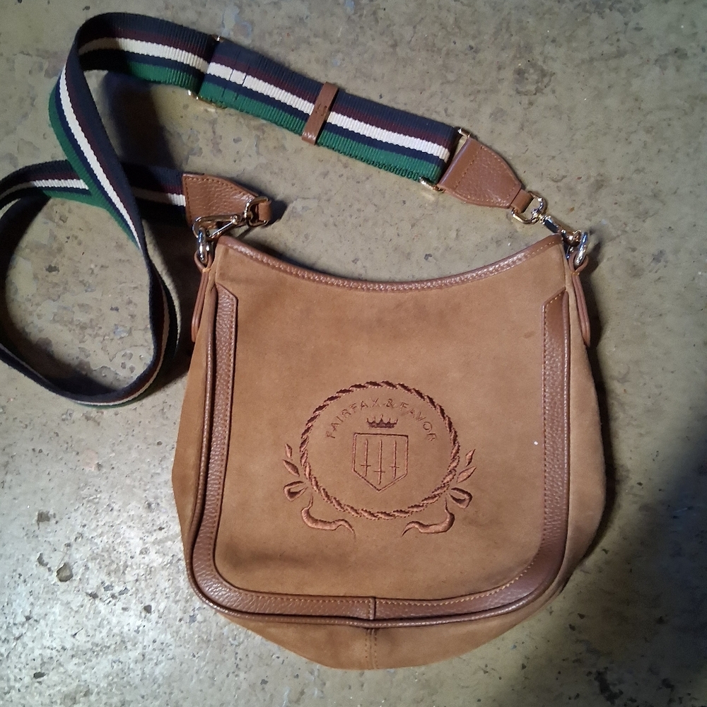 Tan Suede Crossbody Bag with Striped Adjustable Strap
